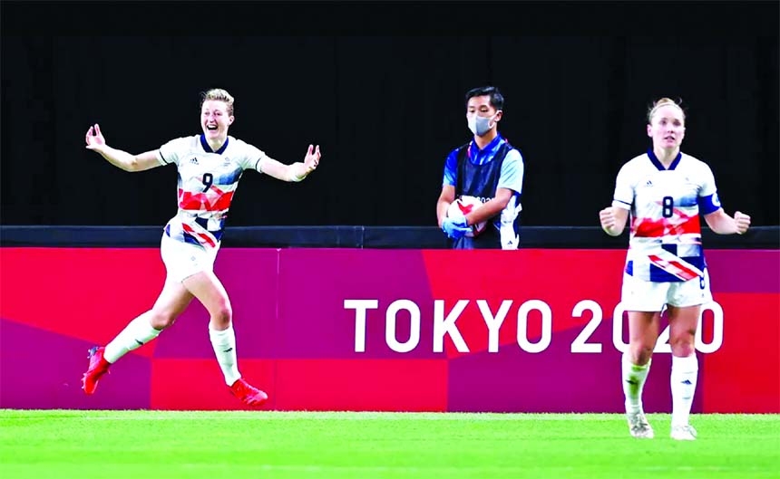 Ellen White (left) celebrating her goal for Team GB against Japan during the Tokyo 2020 Women's Football in Tokyo, Japan on Saturday.