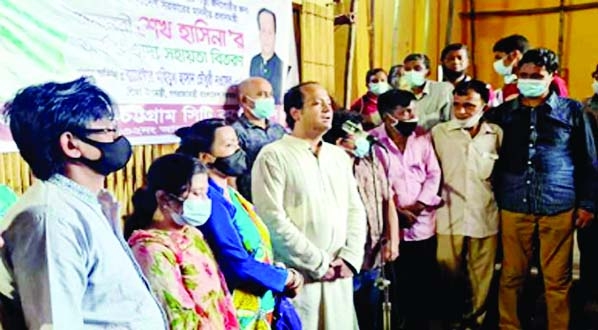 Deputy Education Minister Barrister Mahibul Hasan Chowdhury Nawfel, MP speaks at function organized to distribute the Prime Minister's gift among 340 unemployed people during the Corona period on the premises of Hazari Gali Shiv Bari in Andarkilla Ward N