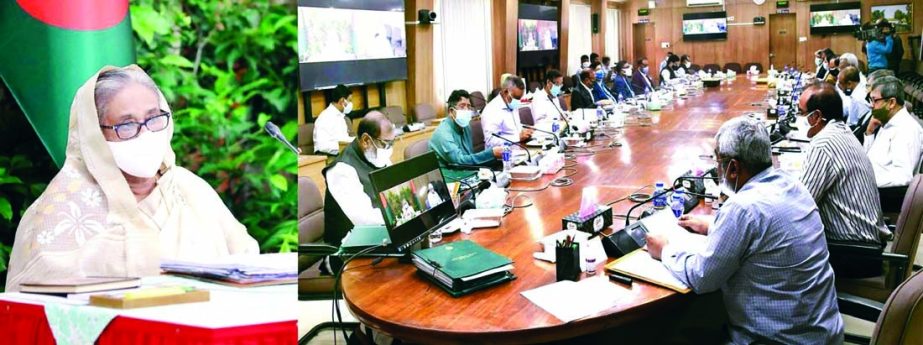 Prime Minister Sheikh Hasina presides over the Cabinet meeting held at the Secretariat through video conference from Ganobhaban on Monday.