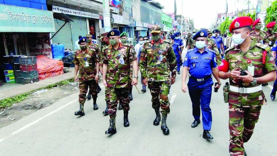 Major General Abul Hasnat Muhammad Khairul Bashar, GOC and Sylhet Area Commander of the 16th Infantry Division of the Bangladesh Army, inspects the patrol activities of the Army in Moulvibazar district to combat the outbreak of coronavirus and conduct pub