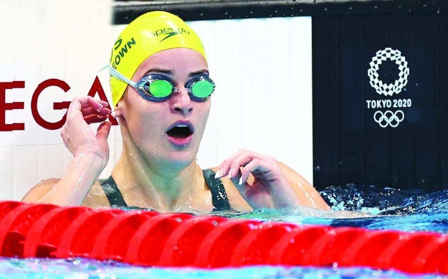 Kaylee McKeown of Australia reacts after winning the Tokyo 2020 Olympics Swimming Women's 100m Backstroke Final at Tokyo Aquatics Centrer,Tokyo, Japan on Tuesday