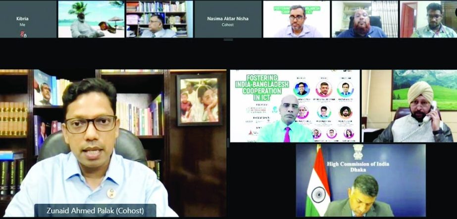 State Minister for ICT Zunaid Ahmed Palak speaks virtually at a meeting on 'Extending Bangladesh-India Cooperation in ICT' organised by Bangladesh Hi-Tech Park Authority in the city on Tuesday.