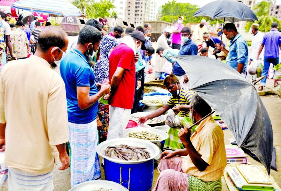 Customers throng fish market in an open space in the city on Wednesday.