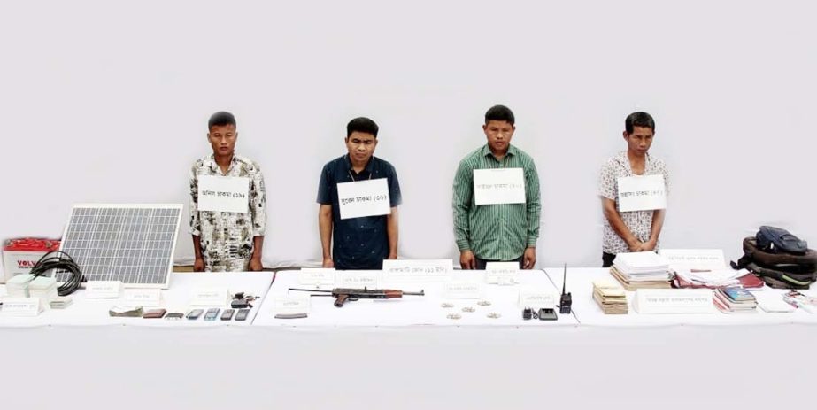 Army members detain 4 terrorists with home made weapons conducting raid at Kattali area of Longdu upazila in Rangamati on Saturday.