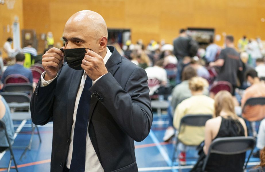 Britain's Health Secretary Sajid Javid speaks to the media during a visit to a pop-up vaccination site at a sports centre in west London, Wednesday July 28.(File photo)