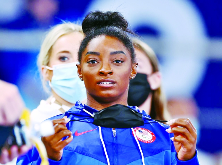 Simone Biles of the United States looks on during the Tokyo 2020 Olympics gymnastics artistic women's floor exercise final at Ariake Gymnastics Centre in Japan on Monday. Agency photo