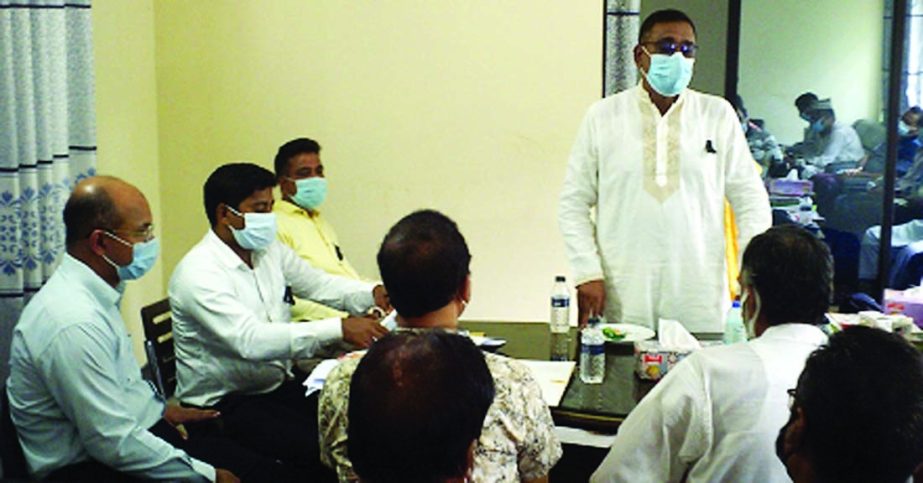 Chairman of Gaibandha Shaghata Upazila Jahangir Kabir speaks at a meeting regarding prevention of corona virus as chief guest of the meeting held at Upazila Parishad hall room on Tuesday.