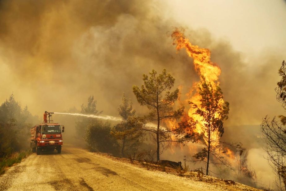 A firefighter extinguishes a forest fire near the town of Manavgat, Turkey.