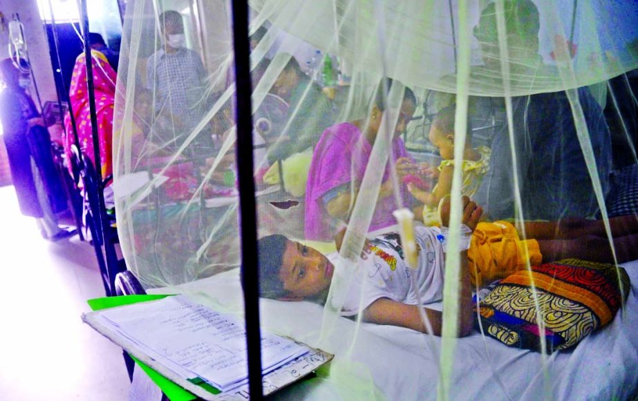 A boy lies inside a mosquito curtain at Shishu Hospital in Dhaka on Tuesday. He was admitted with dengue fever three days before.