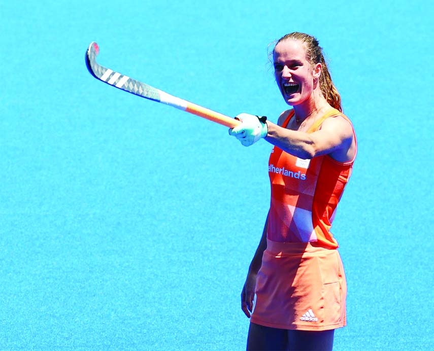 Felice Albers of the Netherlands reacts as she celebrates their win against Britain in hockey semi-final of the Olympics at Oi Hockey Stadium in Japan on Wednesday.