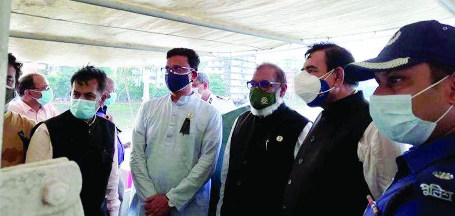Liberation War Affairs Minister AKM Mozammel Haque, State Minister for Shipping Khalid Mahmud Chowdhury and former Shipping Minister Shajahan Khan, MP visit the possible venue for exhibiting Liberation War Ship 'MV Akram' by river route in Narayanganj o