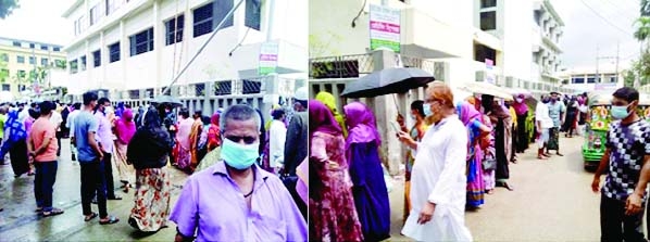 Peopel are now keenly interested to take Corona vaccines. Photos show some 2/3 thousand interested men and women in long queues in front of Corona Vaccine booths at Chandpur General Hospital on Thursday.