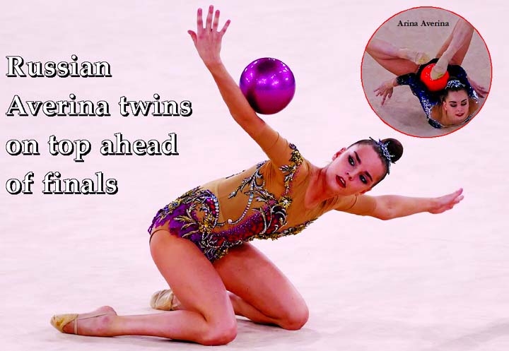 Dina Averina of the Russian Olympic Committee in action with ball during the gymnastics rhythmic individual all-around qualification rotation 1 & 2 at Ariake Gymnastics Centre in Japan on Friday.