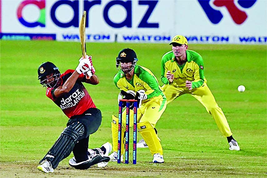 Mahmudullah Riyad of Bangladesh, plays a shot during the third Twenty20 International match against Australia at the Sher-e-Bangla National Cricket Stadium in capital’s Mirpur on Friday. Riyad hit 52.