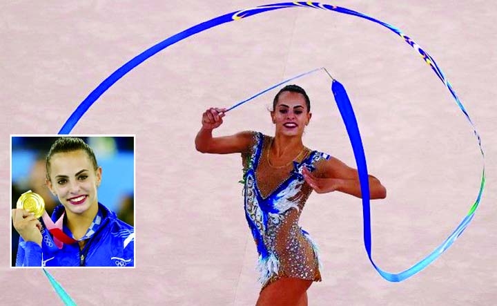 Linoy Ashram of Israel in action with ribbon during the Tokyo 2020 Olympics rhythmic gymnastics (individual all-around) at Ariake Gymnastics Centre, Tokyo, Japan on Saturday.