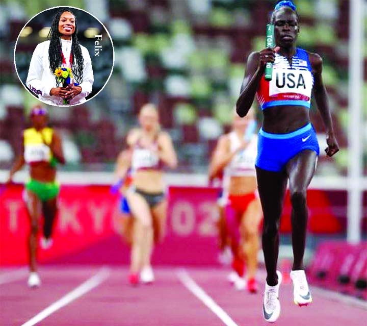 Athing Mu of the United States crosses the line to win gold during the Tokyo 2020 Olympics athletics women's 4 x 400m relay at Olympic Stadium, Tokyo, Japan on Saturday.