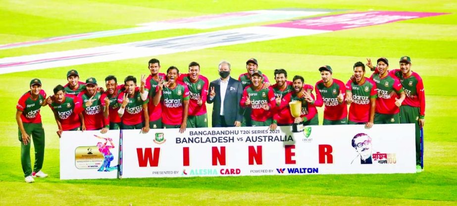 Players of Bangladesh Cricket team with the President of the Bangladesh Cricket Board Nazmul Hassan Papon pose for a photo session after winning the Twenty20 International series 4-1 against Australia at the Sher-e-Bangla National Cricket Stadium in the c