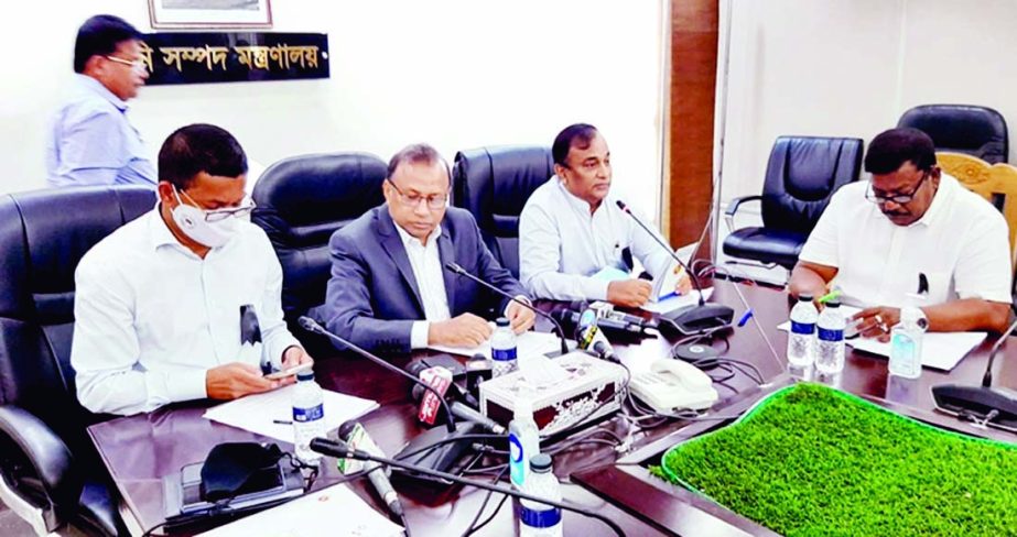 LGRD and Cooperatives Minister Tajul Islam briefs the journalists at the inter-ministerial meeting on flood control and removal of water stagnant in Chattogram city at the seminar room of the Water Resources Ministry on Wednesday.