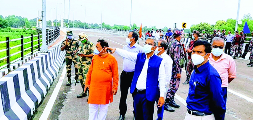 Bangladesh-India officials visit a friendship bridge built on the Ramgarh-Sabrum border including Bangladesh Assistant High Commissioner to Tripura Muhammad Javed Hossain and Sabrum MLA Shankar on Wednesday.