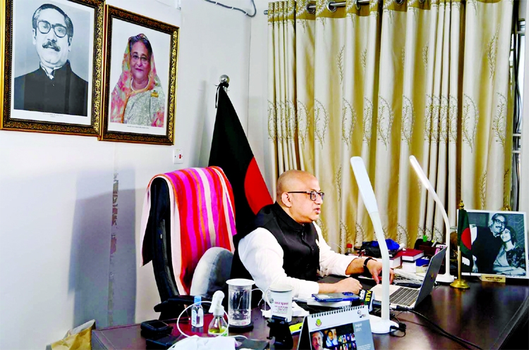 State Minister for Information and Broadcasting Dr. Murad Hasan speaks virtually at a discussion on 'Bangabandhu's Political Philosophy and Today's Bangladesh' from his residence in the city's Dhanmondi on Saturday.