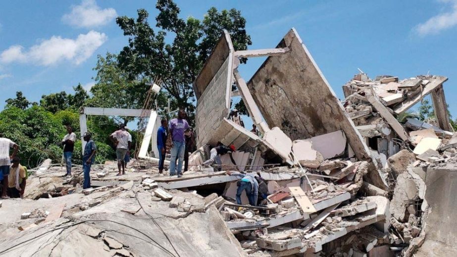 The back side of the residence of the Catholic bishop is damaged after an earthquake in Les Cayes, Haiti, Saturday, Aug. 14, 2021. AP Photo