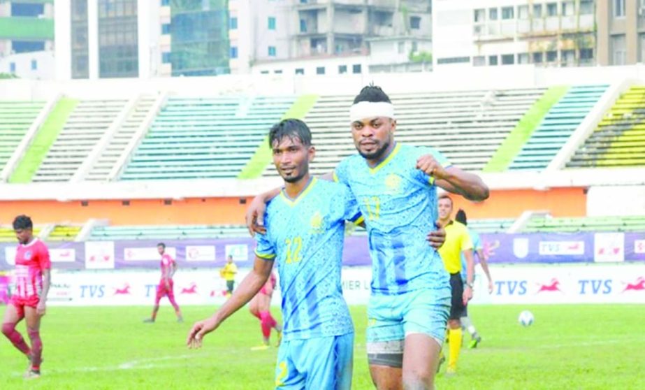 Players of Dhaka Abahani Limited react after defeating Sheikh Russel Krira Chakra in their second leg match of the Bangladesh Premier league Football at the Bangabandhu National Stadium on Tuesday. NN photo