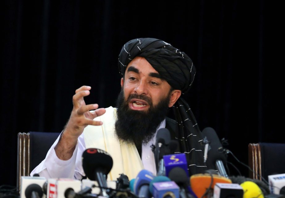 Taliban spokesman Zabihullah Mujahid speaks at his first news conference, in Kabul, Afghanistan, Tuesday, Aug. 17, 2021.