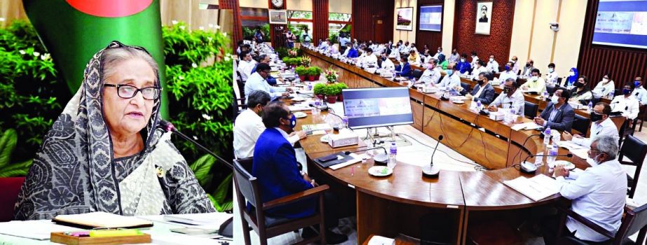 Prime Minister Sheikh Hasina presides over the meeting of secretaries at the NEC conference room in the city's Sher-e-Bangla Nagar through video conference from Ganobhaban on Wednesday. PID photo