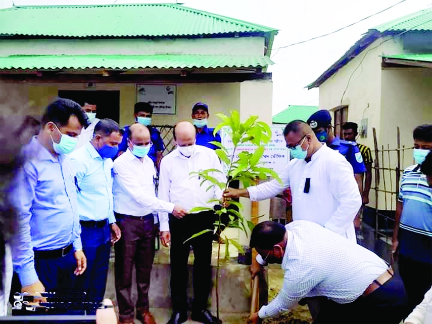 Dhaka Divisional Commissioner Khalilur Rahman plants a tree in front of a house while visiting the Ashroyan Project -2 of President Abdul Hamid Mordern Village under Mitamoion Haor Upazila in Kishoreganj on Friday. Kishoreganj Deputy Commissioner Mohammad