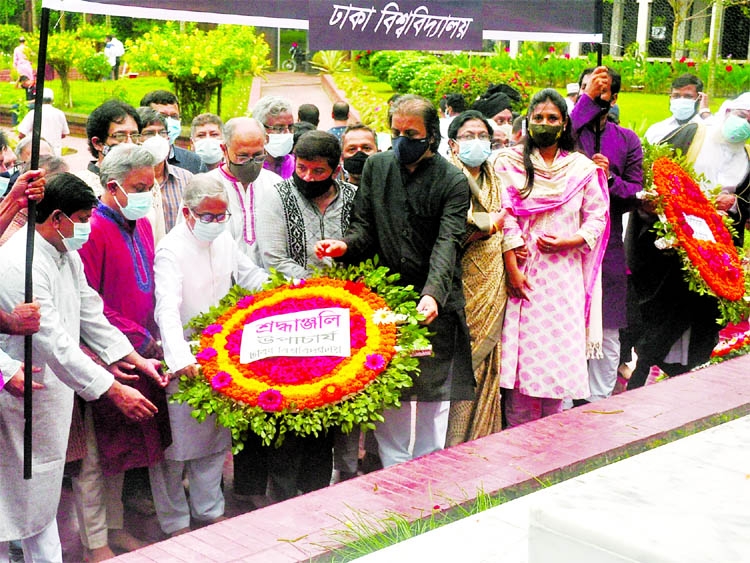 Vice-Chancellor of Dhaka University Prof Dr. Akhtaruzzaman pays floral tributes to National Poet Kazi Nazrul Islam at his grave on DU Central Mosque premises on Friday marking the 45th death anniversary of the poet.