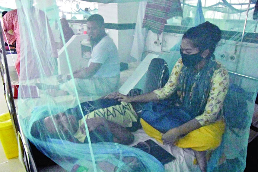 Dengue patients inside mosquito nets undergo treatment at Mitford Hospital in the capital on Saturday.
