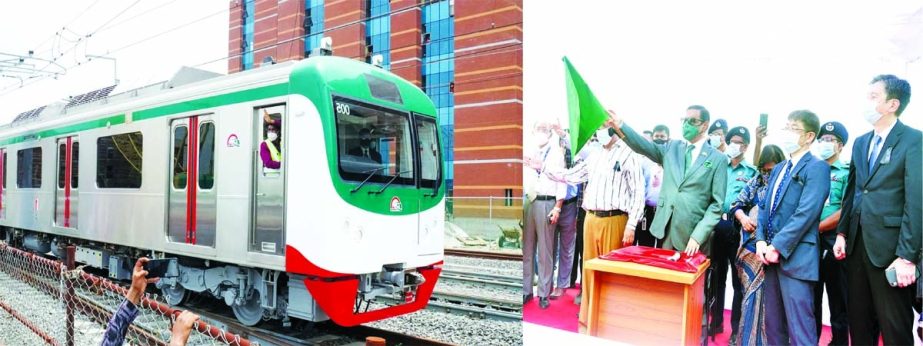 . Road Transport and Bridges Minister Obaidul Quader inaugurates the engineering test of first metro-rail on viaduct at Uttara's Diabari depot in the capital on Sunday. NN photo