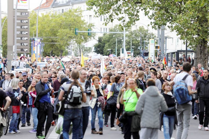 Demonstrators attend a protest against government measures to curb the spread of the coronavirus disease (COVID-19) in Berlin, Germany on Aug 29.