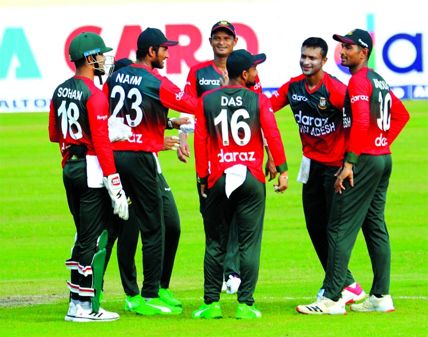 Players of Bangladesh Cricket team celebrating after dismissal of a batsman of New Zealand during their first Twenty20 International match at the Sher-e-Bangla National Cricket Stadium in the city's Mirpur on Wednesday.