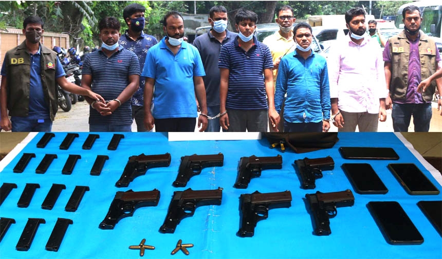 DB police arrested 5 arms traders along with a private car, 8 pistols with bullets drive in different parts of the capital. This photo was taken from DMP Media Centre on Thursday.