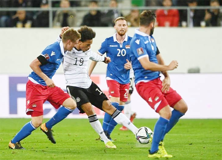 Germany's midfielder Leroy Sane shoots to score during the FIFA World Cup Qatar 2022 qualification Group J football match between Liechtenstein and Germany, at the Kybunpark in St. Gallen, Switzerland on Thursday.