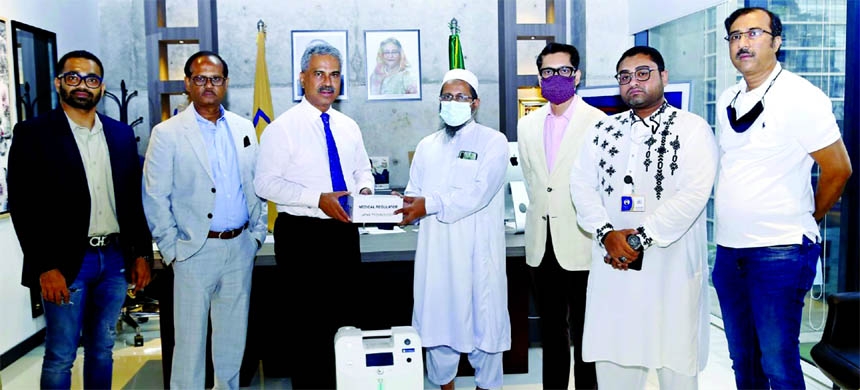 BGMEA President Faruque Hassan handing over medical supplies to the representatives of Satkhira Medical College, Mohongonj Upazila Health Division and Shafiuddin Ahmed Foundation Hospital at BGMEA office in Gulshan recently.