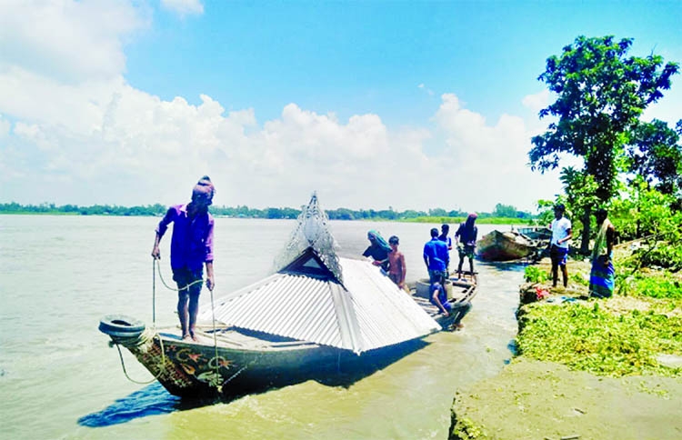 Some villagers carrying tin roof of a house destroyed by the erosion of the Padman River that devours homes and farm land in Dighirpar areas of Dighirpar locality under Tungibari Upazila of Munshiganj district. This photo was taken on Friday.