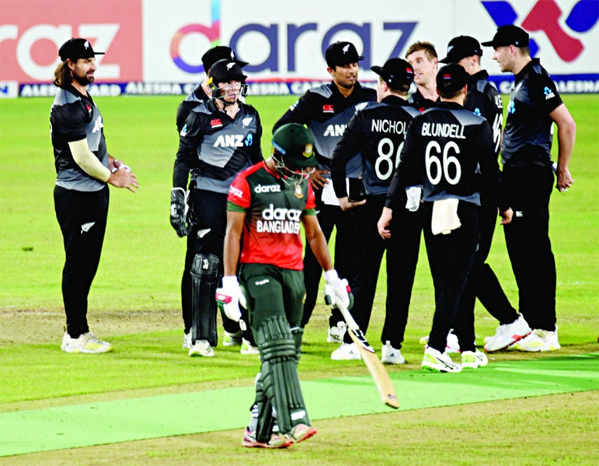 New Zealand Cricketers celebrating the dismissal of a Bangladesh batsman in the third Twenty20 International match at the flood-lit Shar-e-Bangla National Cricket Stadium in the city's Mirpur on Sunday.