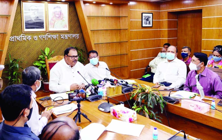 State Minister for Primary and Mass Education Zakir Hossain briefs the journalists at the conference room of the ministry on Monday marking the International Literacy Day. NN photo