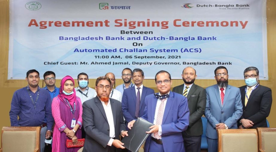 Abul Kashem Md. Shirin, Managing Director & CEO of Dutch-Bangla Bank Limited (DBBL) and Md. Forkan Hossain, General Manager (Accounts & Budget) of Bangladesh Bank (BB), exchanging document after signing an agreement for collection of Govt. RevenueTaxes t
