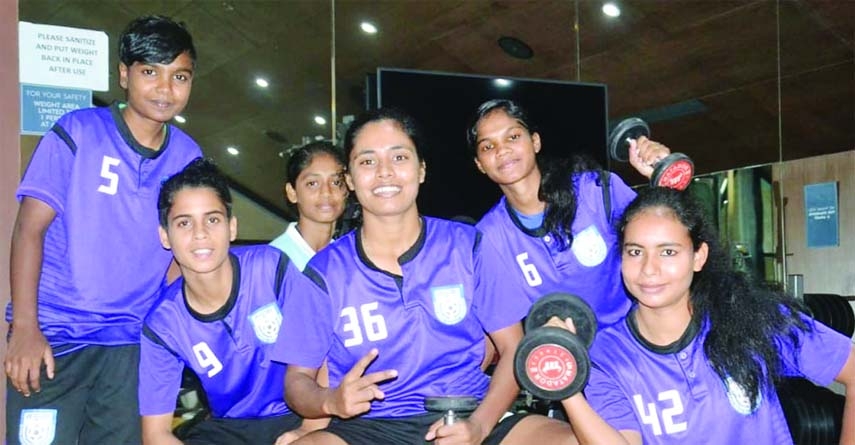 Members of Bangladesh women's football team during their practice at the gymnasium in Kathmandu, the capital city of Nepal on Wednesday.