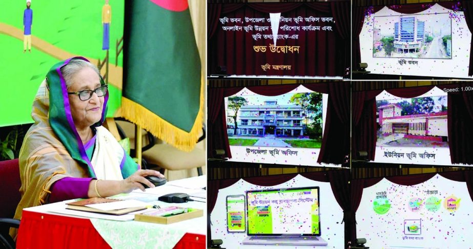 Prime Minister Sheikh Hasina inaugurates Bhumi Bhaban, Bhumi office bhaban of upazila and union through video conference from Ganobhaban on Wednesday. PID photo