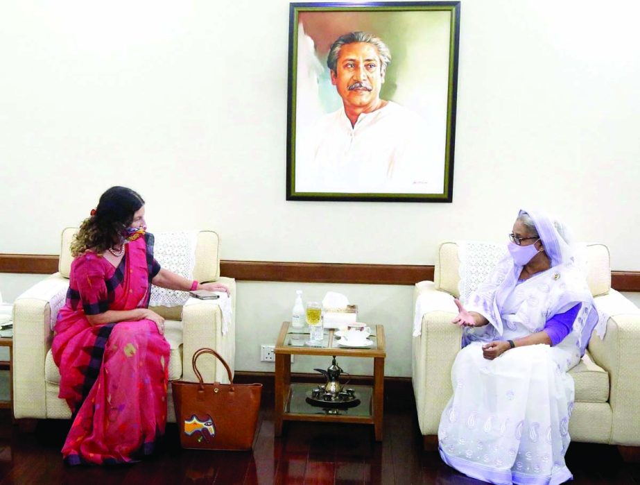 European Union Envoy to Bangladesh Rensje Teerink pays a farewell call on Prime Minister Sheikh Hasina at Ganobhaban on Thursday. PID photo