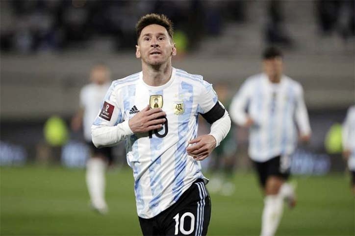 Argentina's Lionel Messi celebrates after scoring against Bolivia during the South American qualification football match for the FIFA World Cup Qatar 2022 at the Monumental Stadium in Buenos Aires on Thursday.