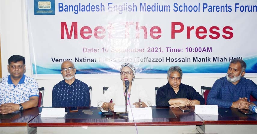 Convener of Bangladesh English Medium School Parents Forum Afroza Akhtar speaks at Meet The Press at the Jatiya Press Club on Friday.