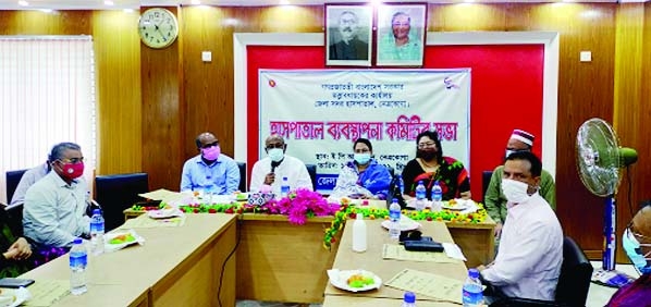 State minister for social welfare Ashraf Ali Khan Khasru speaks at the managing committee meeting of Netrakona Sadar Hospital to instruct proper healthcare service held in the conference room of the hospital on Friday.