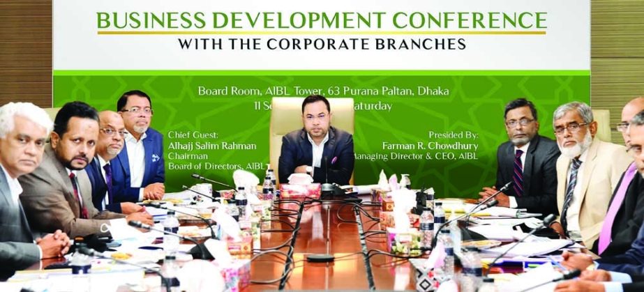 Salim Rahman, Chairman of the Board of Directors of Al-Arafah Islami Bank Limited (AIBL), presiding over the 'Business Development Conference' with the Corporate Branches of the bank at its head office in the capital on Saturday. Farman R Chowdhury, Man