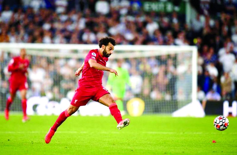 Liverpool's midfielder Mohamed Salah chases the ball during the English Premier League football match against Leeds United at Elland Road in Leeds, northern England on Sunday. Agency photo