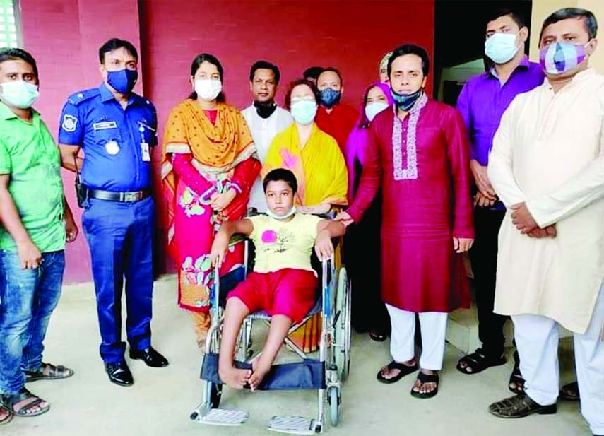 Simeen Hussain Rimi, MP from Gazipur-4 distributes wheelchairs among helpless disabled poor in Kapasia of Gazipur on Thursday.